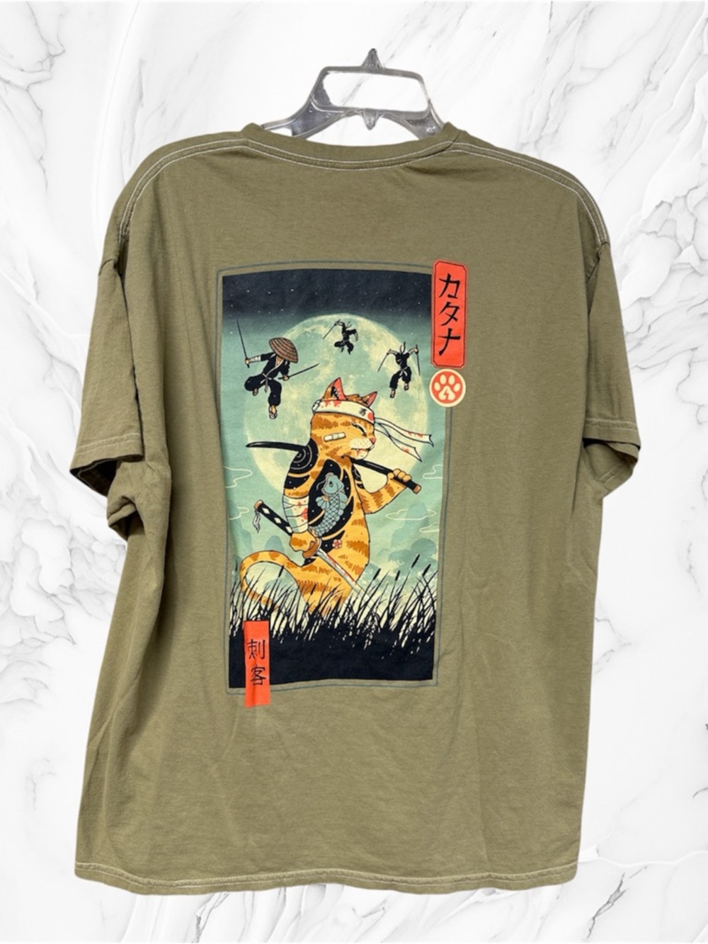 Threadless Olive Green Samurai Cat Graphic Short-Sleeve Shirt Large